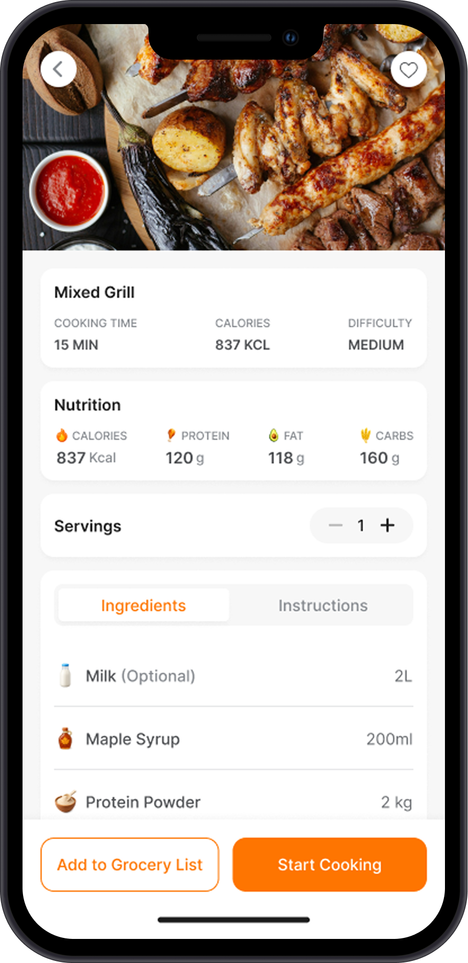 A recipe in Zadi showing cooking time, calories, nutrition and the ingredient list
