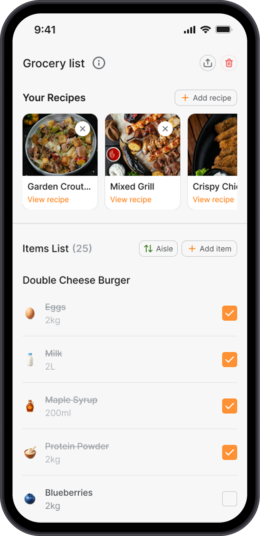 The grocery list screen showing the recipes it was built from
