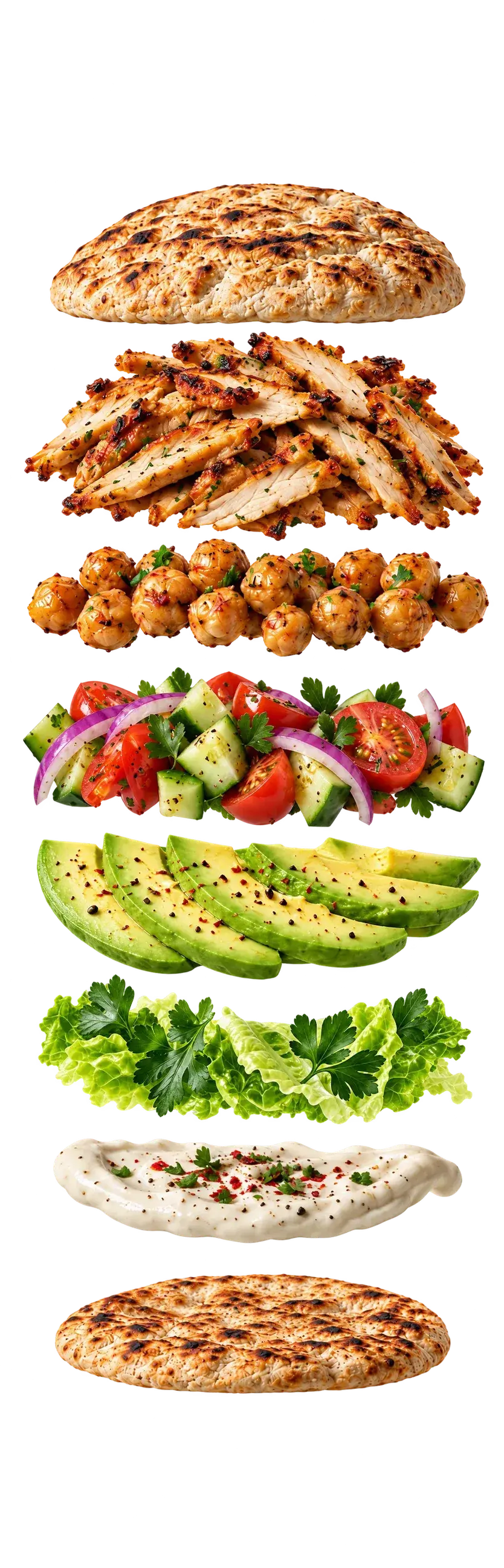 A chicken shawarma wrap pulled apart into its layers: flatbread, chicken, roasted chickpeas, salad, avocado, greens, tahini yogurt and flatbread